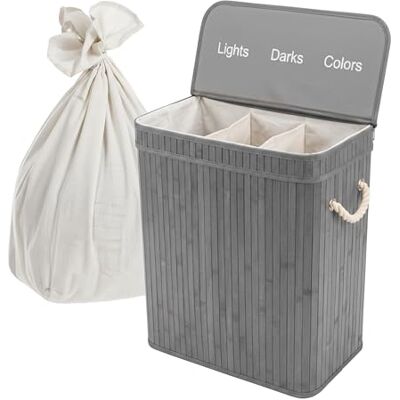 Relaxdays cesto de Ropa Sucia con Tapa, 3 Compartimentos, bambú, Plegable, 63x52x32 cm, Gris Relaxdays cesto de Ropa Sucia con Tapa, 3 Compartimentos, bambú, Plegable, 63x52x32 cm, Gris