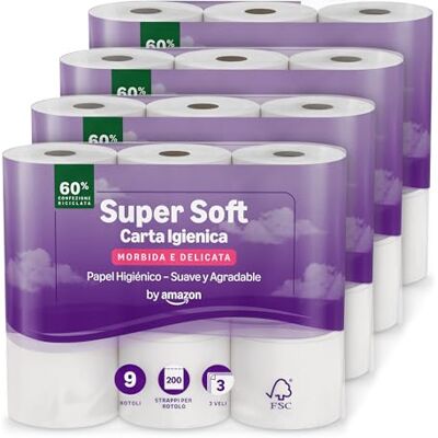 by Amazon Papel Higiénico Supersuave de 3 Capas, 36 Rollos (4 Paquetes de 9), 200 Hojas por Rollo, Con Certificación FSC by Amazon Papel Higiénico Supersuave de 3 Capas, 36 Rollos (4 Paquetes de 9), 200 Hojas por Rollo, Con Certificación FSC