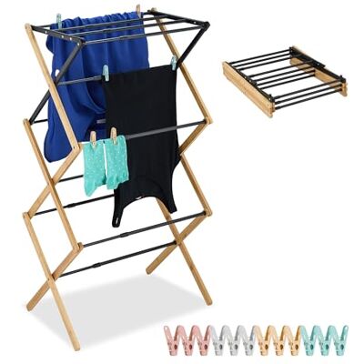 Relaxdays Tendedero Torre Plegable, Extensible, 11 Barras, 105 x 43–75 x 37 cm, Bambú, Metal, Tenderete, Negro/Natural Relaxdays Tendedero Torre Plegable, Extensible, 11 Barras, 105 x 43–75 x 37 cm, Bambú, Metal, Tenderete, Negro/Natural