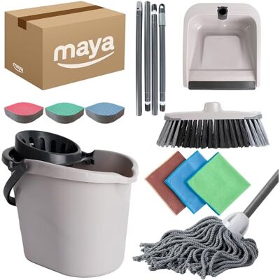 Maya Set de Limpieza del Hogar Atomic 7 en 1 Cubo de 14L con Escurridor, Fregona, Escoba, Palo por Secciones, Recogedor, Esponjas EVO y Bayetas de Microfibra Terry 200g Maya Set de Limpieza del Hogar Atomic 7 en 1 Cubo de 14L con Escurridor, Fregona, Escoba, Palo por Secciones, Recogedor, Esponjas EVO y Bayetas de Microfibra Terry 200g