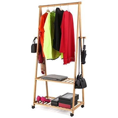 BAKAJI Perchero de madera de bambú para dormitorio, entrada con ruedas giratorias, 2 estantes, barra para perchas y ganchos laterales, dimensiones 70 x 33 x 153 cm, color bambú natural BAKAJI Perchero de madera de bambú para dormitorio, entrada con ruedas giratorias, 2 estantes, barra para perchas y ganchos laterales, dimensiones 70 x 33 x 153 cm, color bambú natural