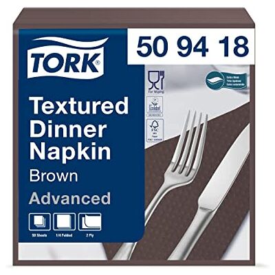 Tork Dinner Servilleta de papel gofrado para cena, 2 capas, 18 paquetes x 50 unidades (900 servilletas), pliegue 1/4, 38 cm x 39 cm, color marrón Tork Dinner Servilleta de papel gofrado para cena, 2 capas, 18 paquetes x 50 unidades (900 servilletas), pliegue 1/4, 38 cm x 39 cm, color marrón