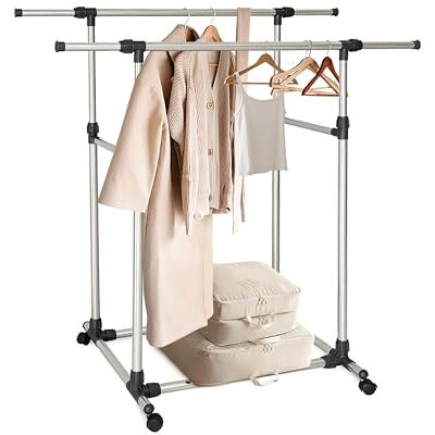 Relaxdays Perchero rodante , Doble Barra para Ropa, Altura Ajustable 90-160 cm, Ancho 93-157 cm, Plata/Negro Relaxdays Perchero rodante , Doble Barra para Ropa, Altura Ajustable 90-160 cm, Ancho 93-157 cm, Plata/Negro