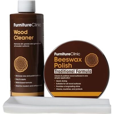 Furniture Clinic Kit de cera de abejas – Para limpiar, encerar, abrillantar y proteger todos los artículos de madera, como muebles, encimeras y puertas Limpiador de madera,Pulimento de cera de abejas y un paño liso Furniture Clinic Kit de cera de abejas – Para limpiar, encerar, abrillantar y proteger todos los artículos de madera, como muebles, encimeras y puertas Limpiador de madera,Pulimento de cera de abejas y un paño liso