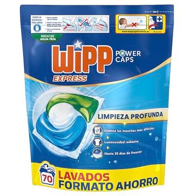 Wipp Express Power Caps Detergente en Cápsulas para Lavadora, 70 Dosis, Limpieza Profunda, Eficaz en Agua Fría Wipp Express Power Caps Detergente en Cápsulas para Lavadora, 70 Dosis, Limpieza Profunda, Eficaz en Agua Fría