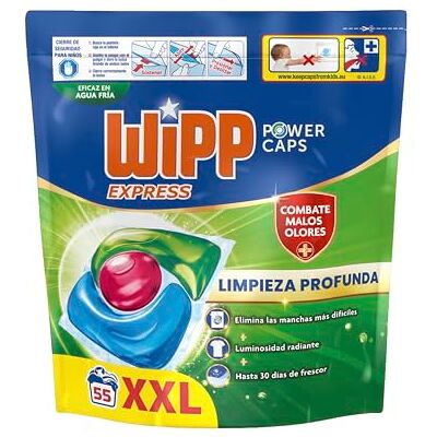 Wipp Express Power Caps Higiene y Antiolores Detergente en Cápsulas para Lavadora, 55 dosis, Limpieza Profunda, Eficaz en agua fría, versión antigua Wipp Express Power Caps Higiene y Antiolores Detergente en Cápsulas para Lavadora, 55 dosis, Limpieza Profunda, Eficaz en agua fría, versión antigua