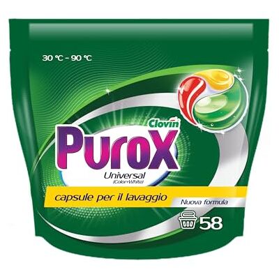Clovin Purox Purox Tricocaps Cápsulas de detergente universales, potente eliminación de manchas, limpieza profunda con frescura duradera, 58 lavados, 58 unidades x 13 gramos, Doypack Clovin Purox Purox Tricocaps Cápsulas de detergente universales, potente eliminación de manchas, limpieza profunda con frescura duradera, 58 lavados, 58 unidades x 13 gramos, Doypack