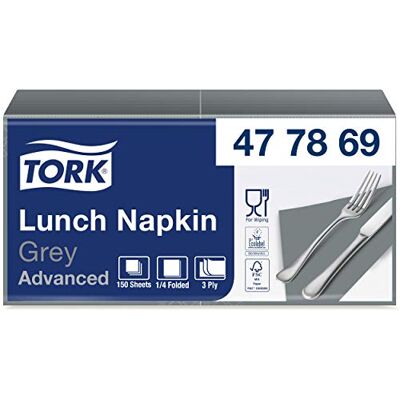 Tork Lunch Soft/Servilletas suaves para almuerzo / 10 paquetes x 150 unidades (1500 unidades) / Pliegue 1/4 / color gris / 3 capas / 33 x 32,6 cm/Advanced Tork Lunch Soft/Servilletas suaves para almuerzo / 10 paquetes x 150 unidades (1500 unidades) / Pliegue 1/4 / color gris / 3 capas / 33 x 32,6 cm/Advanced