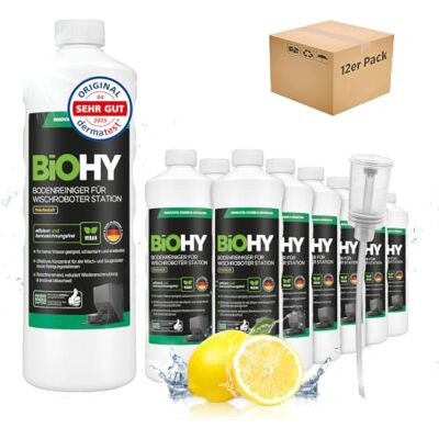 BIOHY Limpiador de Suelos para Robot de Limpieza con Aroma Fresco (12 x 1 Litro) + Dosificador, Concentrado de Limpieza para Todos los Robots con Función Húmeda, sin Espuma ni Rayas BIOHY Limpiador de Suelos para Robot de Limpieza con Aroma Fresco (12 x 1 Litro) + Dosificador, Concentrado de Limpieza para Todos los Robots con Función Húmeda, sin Espuma ni Rayas