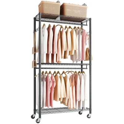 VEVOR Perchero Ajustable con Ruedas, de Acero al Carbono, con 2 Barras para Ropa, Carga de 204 kg, 3 Estantes y 8 Ganchos, para Dormitorio, Tienda de Ropa, Armario o Pasillo, 90 x 40 x 199,9 cm VEVOR Perchero Ajustable con Ruedas, de Acero al Carbono, con 2 Barras para Ropa, Carga de 204 kg, 3 Estantes y 8 Ganchos, para Dormitorio, Tienda de Ropa, Armario o Pasillo, 90 x 40 x 199,9 cm