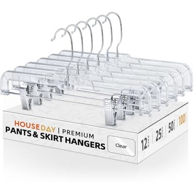 HOUSE DAY Perchas de Cristal para Pantalones con Clips Dobles, Paquete de 100 Perchas Delgadas y Transparentes Resistentes, estriadas Antideslizantes con Clips de Metal Ajustables, Gancho Giratorio HOUSE DAY Perchas de Cristal para Pantalones con Clips Dobles, Paquete de 100 Perchas Delgadas y Transparentes Resistentes, estriadas Antideslizantes con Clips de Metal Ajustables, Gancho Giratorio