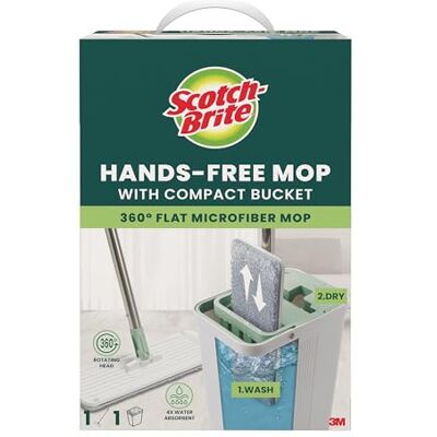Scotch-Brite Mopa Manos Libres con Cubo Compacto 1 Mopa + 1 Cubo Compartimentos Para Lavar y Secar, Doble Rascador, Antisalpicaduras, Tapa Extraíble, Diseño Compacto, Recambio Disponible Scotch-Brite Mopa Manos Libres con Cubo Compacto 1 Mopa + 1 Cubo Compartimentos Para Lavar y Secar, Doble Rascador, Antisalpicaduras, Tapa Extraíble, Diseño Compacto, Recambio Disponible