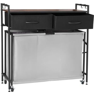 VEVOR Cesta para la Colada con Tablero de Madera, Clasificador de Ropa 830 x 320 x 810 mm con 3 Compartimentos, Ruedas, 2 Cajones y Ganchos, Sistema de Clasificación de Ropa para el Baño, Negro VEVOR Cesta para la Colada con Tablero de Madera, Clasificador de Ropa 830 x 320 x 810 mm con 3 Compartimentos, Ruedas, 2 Cajones y Ganchos, Sistema de Clasificación de Ropa para el Baño, Negro