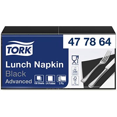 Tork Lunch Soft/Servilletas suaves para almuerzo / 10 paquetes x 150 unidades (1500 unidades) / Pliegue 1/4 / color negro / 3 capas / 33 x 32,6 cm/Advanced Tork Lunch Soft/Servilletas suaves para almuerzo / 10 paquetes x 150 unidades (1500 unidades) / Pliegue 1/4 / color negro / 3 capas / 33 x 32,6 cm/Advanced