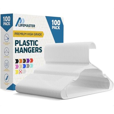 Lifemaster Paquete de 100 Perchas de plástico Blanco, Ligeras, duraderas con Ranuras Inteligentes para Vestidos y brasieres, Ahorro de Espacio, diseño Antideslizante para un Armario organizado Lifemaster Paquete de 100 Perchas de plástico Blanco, Ligeras, duraderas con Ranuras Inteligentes para Vestidos y brasieres, Ahorro de Espacio, diseño Antideslizante para un Armario organizado