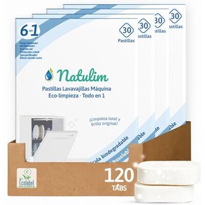 Natulim Pastillas de Lavavajillas 120 Usos 4 Pack Biodegradables e Hidrosolubles 6 en 1 Limpieza Profunda, Abrillantador, Función Sal, Protección Cristal, Descalcificador Natulim Pastillas de Lavavajillas 120 Usos 4 Pack Biodegradables e Hidrosolubles 6 en 1 Limpieza Profunda, Abrillantador, Función Sal, Protección Cristal, Descalcificador
