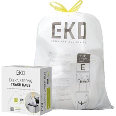 EKO Bolsas de Basura Código E 80 Unidades 25-35 L Extrafuertes Antifugas con Cordón Blancas Para Cubo Alto de Cocina EKO Bolsas de Basura Código E 80 Unidades 25-35 L Extrafuertes Antifugas con Cordón Blancas Para Cubo Alto de Cocina