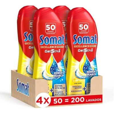 Somat Excellence 5 en 1 Gel Premium para Lavavajillas (200 Lavados), Detergente para Lavavajillas con Aroma a Limón, Para una Vajilla Perfectamente Limpia Incluso en Programas Eco y Ciclos Cortos Somat Excellence 5 en 1 Gel Premium para Lavavajillas (200 Lavados), Detergente para Lavavajillas con Aroma a Limón, Para una Vajilla Perfectamente Limpia Incluso en Programas Eco y Ciclos Cortos