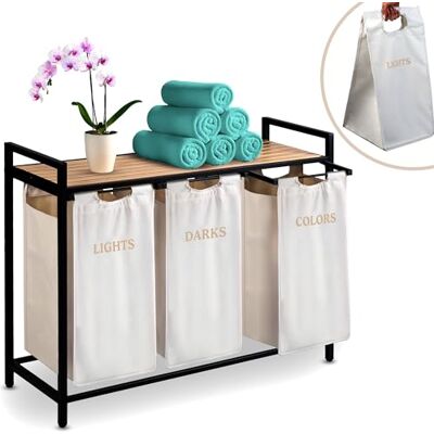 Massido Cesto para la colada con 3 compartimentos, 120 L, con bolsa de lavandería y estante, color beige, 93 x 72 x 32 cm Massido Cesto para la colada con 3 compartimentos, 120 L, con bolsa de lavandería y estante, color beige, 93 x 72 x 32 cm