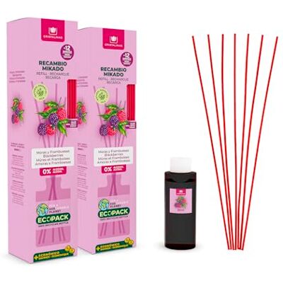 CRISTALINAS Pack 2 Recambio Ambientador Hogar Mikado + Cañas Aroma Moras y Frambuesas Ideal para casa y oficina 100% Puro Larga Duración 12 Semanas 2x85ml 0% Alcohol CRISTALINAS Pack 2 Recambio Ambientador Hogar Mikado + Cañas Aroma Moras y Frambuesas Ideal para casa y oficina 100% Puro Larga Duración 12 Semanas 2x85ml 0% Alcohol