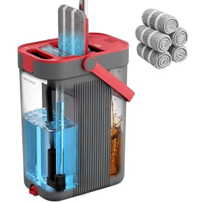SONGMICS Juego de Fregona y Cubo, Separación de Agua Limpia y Sucia, 3 Compartimentos con Escurridor, Fregona Plana, Cabezal de 360°, 5 Paños de Microfibra, Gris y Rojo SONGMICS Juego de Fregona y Cubo, Separación de Agua Limpia y Sucia, 3 Compartimentos con Escurridor, Fregona Plana, Cabezal de 360°, 5 Paños de Microfibra, Gris y Rojo