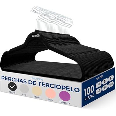 SereneLife perchas, ropa, de terciopelo, antideslizantes, finas y suaves. 100 piezas, con gancho giratorio de 360°. Color Negro SereneLife perchas, ropa, de terciopelo, antideslizantes, finas y suaves. 100 piezas, con gancho giratorio de 360°. Color Negro