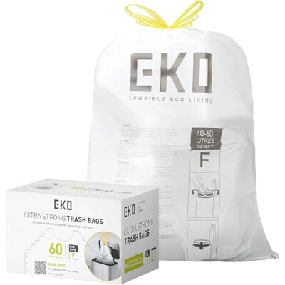 EKO Bolsas de Basura Código F 60 Unidades 40-60 L Extrafuertes Antigoteo con Asas Autocierre Blancas para Cocina y Hog EKO Bolsas de Basura Código F 60 Unidades 40-60 L Extrafuertes Antigoteo con Asas Autocierre Blancas para Cocina y Hog