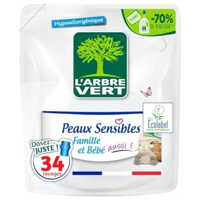 L'Arbre Vert Recharges Lessive Liquide pour Peaux Sensibles Famille et Bébé Hypoallergénique Sans Allergènes 33 Lavages 1,5 L Certifiée Label ECARF L'Arbre Vert Recharges Lessive Liquide pour Peaux Sensibles Famille et Bébé Hypoallergénique Sans Allergènes 33 Lavages 1,5 L Certifiée Label ECARF