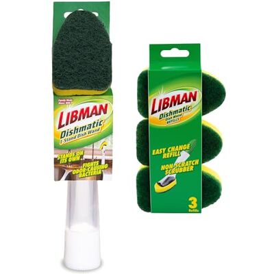 LIBMAN COMMERCIAL Libman Dishmatic I-Stand Kit de varita para platos, cepillo de limpieza de cocina con mango y dispensador de jabón para fregar y lavar platos, cepillos de limpieza de pie recargables, 3 recambios de LIBMAN COMMERCIAL Libman Dishmatic I-Stand Kit de varita para platos, cepillo de limpieza de cocina con mango y dispensador de jabón para fregar y lavar platos, cepillos de limpieza de pie recargables, 3 recambios de