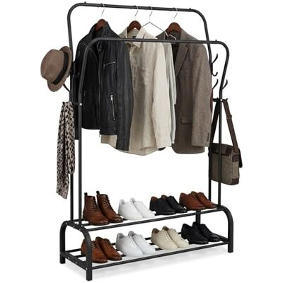 Relaxdays Perchero Doble con 2 estantes, 2 Barras y 8 Ganchos, 146x110x33 cm, Negro Relaxdays Perchero Doble con 2 estantes, 2 Barras y 8 Ganchos, 146x110x33 cm, Negro