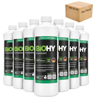 BIOHY Jabón lubricante (9 botellas de 1 litro) concentrado para suelos Aplicable a todas las superficies delicadas Caucho, linóleo, parqué, PVC, piedra (Schmierseife) BIOHY Jabón lubricante (9 botellas de 1 litro) concentrado para suelos Aplicable a todas las superficies delicadas Caucho, linóleo, parqué, PVC, piedra (Schmierseife)