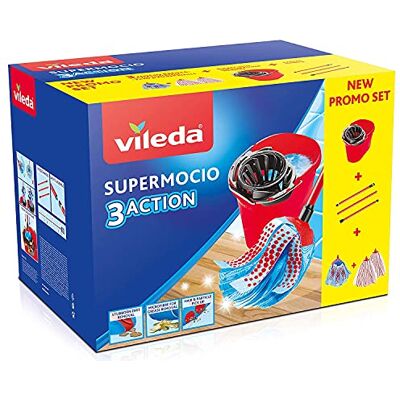 Vileda SuperMocio Box, Sistema para Fregar Suelos, Juego con escurridor, 2 Copos de Microfibra & Power, 1 Lazo 3Action, Mango de 3 Piezas, Rojo Vileda SuperMocio Box, Sistema para Fregar Suelos, Juego con escurridor, 2 Copos de Microfibra & Power, 1 Lazo 3Action, Mango de 3 Piezas, Rojo