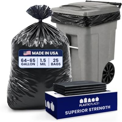 Plasticplace Bolsas de basura negras resistentes de 64-65 galones para Toter │ 1.5 mil │ Bolsas de basura negras resistentes │ 50 x 60 pulgadas (25 unidades) Plasticplace Bolsas de basura negras resistentes de 64-65 galones para Toter │ 1.5 mil │ Bolsas de basura negras resistentes │ 50 x 60 pulgadas (25 unidades)