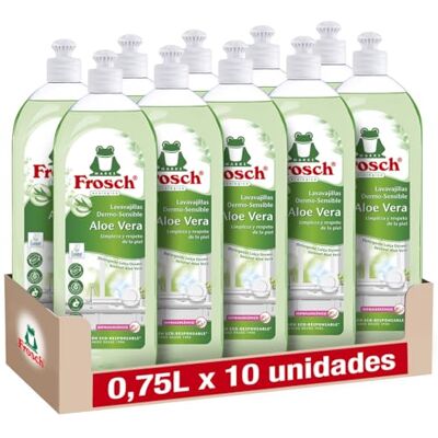 Frosch Lavavajillas a Mano Líquido Loción Ecológico Aloe Vera, Dermo-sensible, Limpieza eficaz y protege la piel Pack de 10 ud x 750 ml Frosch Lavavajillas a Mano Líquido Loción Ecológico Aloe Vera, Dermo-sensible, Limpieza eficaz y protege la piel Pack de 10 ud x 750 ml