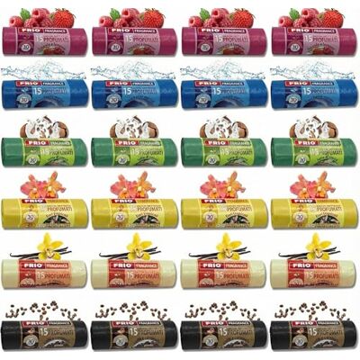 FRIO Multifruta – 360 Bolsas de Basura Perfumadas 30L, 24 Rollos de 15 Bolsas, 6 Aromas y Colores Surtidos, 52x58 cm, Resistentes y Antigoteo FRIO Multifruta – 360 Bolsas de Basura Perfumadas 30L, 24 Rollos de 15 Bolsas, 6 Aromas y Colores Surtidos, 52x58 cm, Resistentes y Antigoteo