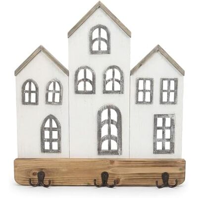 DRW Perchero de mared con casa de madera y 3 ganchos dobles de metal en blanco y natural 42x46x3 cm DRW Perchero de mared con casa de madera y 3 ganchos dobles de metal en blanco y natural 42x46x3 cm