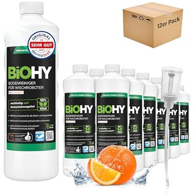 BIOHY Limpia Suelos para Robots de Limpieza con Aroma a Naranja (12 Botellas de 1 Litro) con Dosificador Concentrado de Limpieza para Todos los Robots BIOHY Limpia Suelos para Robots de Limpieza con Aroma a Naranja (12 Botellas de 1 Litro) con Dosificador Concentrado de Limpieza para Todos los Robots