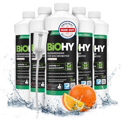 BIOHY Limpiador de suelos para robot con aroma a naranja (6 x 1 litro) + dosificador detergente concentrado para todos los robots de fregona bajo espuma y sin rayas concentrado sostenible 1:200 BIOHY Limpiador de suelos para robot con aroma a naranja (6 x 1 litro) + dosificador detergente concentrado para todos los robots de fregona bajo espuma y sin rayas concentrado sostenible 1:200