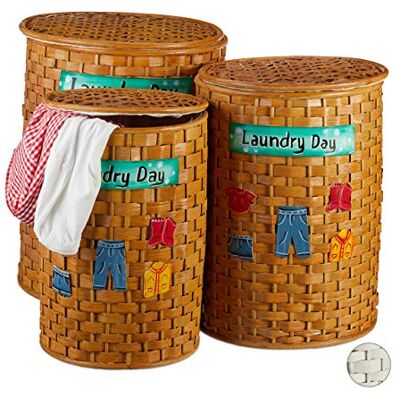 Relaxdays Juego de 3 Cestos Ropa Sucia Redondos con Tapa, Bambú, Marrón Miel, 40. 70 Y 100 litros Relaxdays Juego de 3 Cestos Ropa Sucia Redondos con Tapa, Bambú, Marrón Miel, 40. 70 Y 100 litros