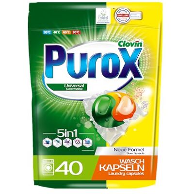 Clovin Purox PUROX UNIVERSAL Detergente Lavadora Cápsulas (40 Lavados) – para todo tipo de tejidos, elimina manchas, protege colores, totalmente enjuagable, ecológico, Doypack Clovin Purox PUROX UNIVERSAL Detergente Lavadora Cápsulas (40 Lavados) – para todo tipo de tejidos, elimina manchas, protege colores, totalmente enjuagable, ecológico, Doypack