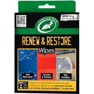Turtle Wax Toallitas limpiadoras Renew & Restore, kit para eliminar rayones leves y restaurar faros, eficaz quitamanchas de agua. Uso doméstico, automotriz y marítimo en vidrio, metal, plásticos y más Turtle Wax Toallitas limpiadoras Renew & Restore, kit para eliminar rayones leves y restaurar faros, eficaz quitamanchas de agua. Uso doméstico, automotriz y marítimo en vidrio, metal, plásticos y más