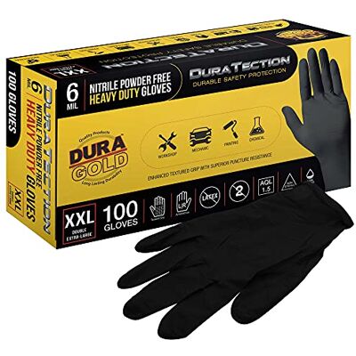 Dura-Gold Guantes desechables de nitrilo negro HD, caja de 100, tamaño XL, 6 mil, sin látex, sin polvo, agarre texturizado, apto para alimentos Dura-Gold Guantes desechables de nitrilo negro HD, caja de 100, tamaño XL, 6 mil, sin látex, sin polvo, agarre texturizado, apto para alimentos