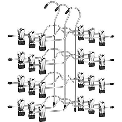 SONGMICS Perchas para Falda con Clips, Juego de 3, Metal de 4 Capas, con 8 Pinzas Ajustables Antideslizantes, para Pantalones, Vaqueros, Toallas, Cortos, 32 cm, Color Plata y Negro CRI042BK SONGMICS Perchas para Falda con Clips, Juego de 3, Metal de 4 Capas, con 8 Pinzas Ajustables Antideslizantes, para Pantalones, Vaqueros, Toallas, Cortos, 32 cm, Color Plata y Negro CRI042BK