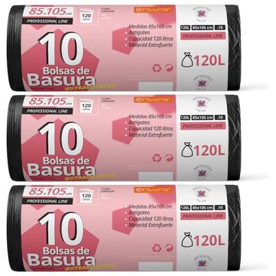OFITURIA Bolsas de Basura 120L, Resistentes, Antigoteo, Plástico Grande, Aptas para Cubos de 120L y Todo Tipo de Desechos, 85x105 cm (30 Bolsas) OFITURIA Bolsas de Basura 120L, Resistentes, Antigoteo, Plástico Grande, Aptas para Cubos de 120L y Todo Tipo de Desechos, 85x105 cm (30 Bolsas)