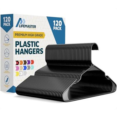 Lifemaster 120 Perchas de plástico Negro para Ropa, Juego de Perchas Ligeras y duraderas con Ranuras Inteligentes en los Hombros para Vestidos y brasieres, ahorran Espacio, Antideslizantes, diseño Lifemaster 120 Perchas de plástico Negro para Ropa, Juego de Perchas Ligeras y duraderas con Ranuras Inteligentes en los Hombros para Vestidos y brasieres, ahorran Espacio, Antideslizantes, diseño