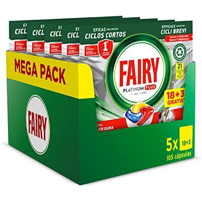 FAIRY Platinum Plus Todo en Uno Pastillas Lavavajillas, 105 Capsulas Lavavajillas (5 x 21), Limpieza Profunda y Extra Brillo, Fragancia Limon FAIRY Platinum Plus Todo en Uno Pastillas Lavavajillas, 105 Capsulas Lavavajillas (5 x 21), Limpieza Profunda y Extra Brillo, Fragancia Limon