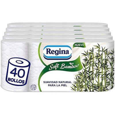Regina Soft Bamboo 40 Rollos de Papel Higiénico 3 Capas, 160 Hojas, Suavidad Natural para tu Piel, fabricado con Fibras de Bambú, Envase de Papel, Certificación FSC Regina Soft Bamboo 40 Rollos de Papel Higiénico 3 Capas, 160 Hojas, Suavidad Natural para tu Piel, fabricado con Fibras de Bambú, Envase de Papel, Certificación FSC