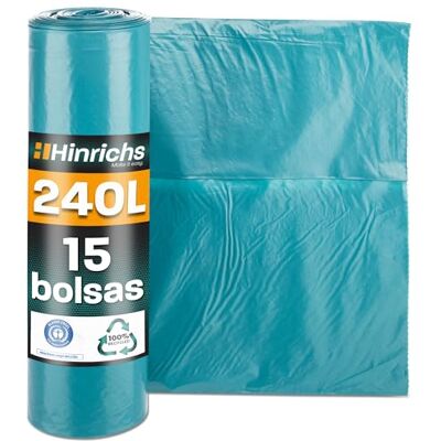 Hinrichs Bolsas de Basura 240L Extra Fuertes – 100x125 cm – Rollo de 15 – Sacos Resistentes de LDPE Reciclado – Bolsas Azules Grandes para Jardines, Hogares y Obras Hinrichs Bolsas de Basura 240L Extra Fuertes – 100x125 cm – Rollo de 15 – Sacos Resistentes de LDPE Reciclado – Bolsas Azules Grandes para Jardines, Hogares y Obras