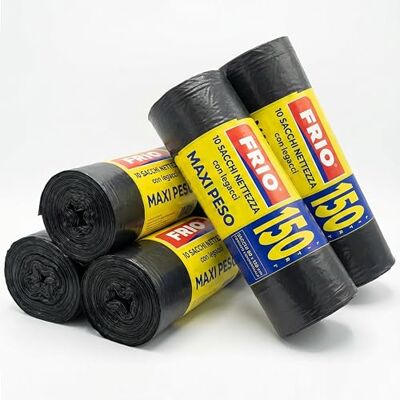 FRIO 50 bolsas de basura negras grandes, 150 litros, sacos de residuos comunitarios MAXI PESO para cubo de basura, reciclaje, con asas de cierre; bolsas de basura 80x120 cm, multicapa, resistentes FRIO 50 bolsas de basura negras grandes, 150 litros, sacos de residuos comunitarios MAXI PESO para cubo de basura, reciclaje, con asas de cierre; bolsas de basura 80x120 cm, multicapa, resistentes