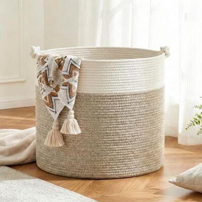 COSYLAND Cesto de Ropa Sucia de Cuerda de Algodón D50 x H35 cm – Cesta para la Ropa Sucia con Asas – Cesto Plegable para Mantas, Juguetes y Lavandería – Blanco Crema y Beige COSYLAND Cesto de Ropa Sucia de Cuerda de Algodón D50 x H35 cm – Cesta para la Ropa Sucia con Asas – Cesto Plegable para Mantas, Juguetes y Lavandería – Blanco Crema y Beige